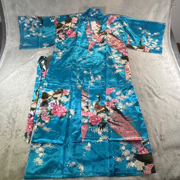 Zhong Sang Kimono Women's Large Long Blue Peacock & Floral Print Twisting Satin - Picture 5 of 11
